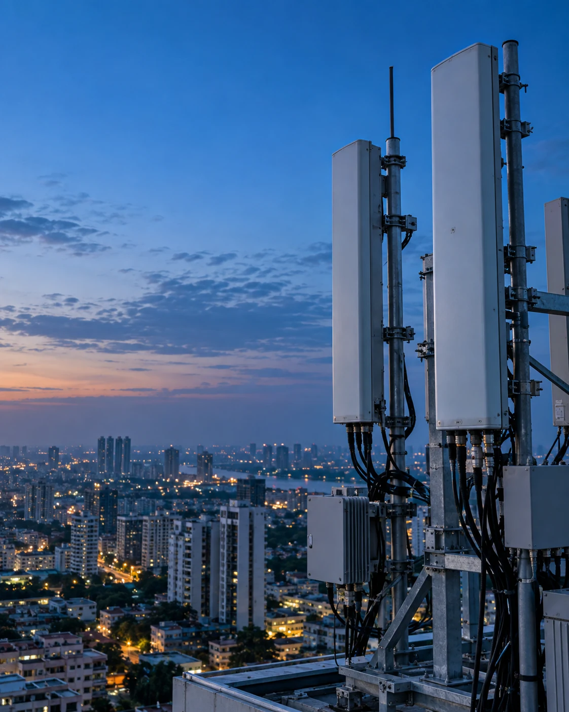 Cellular antennas overlooking a city at blue hour